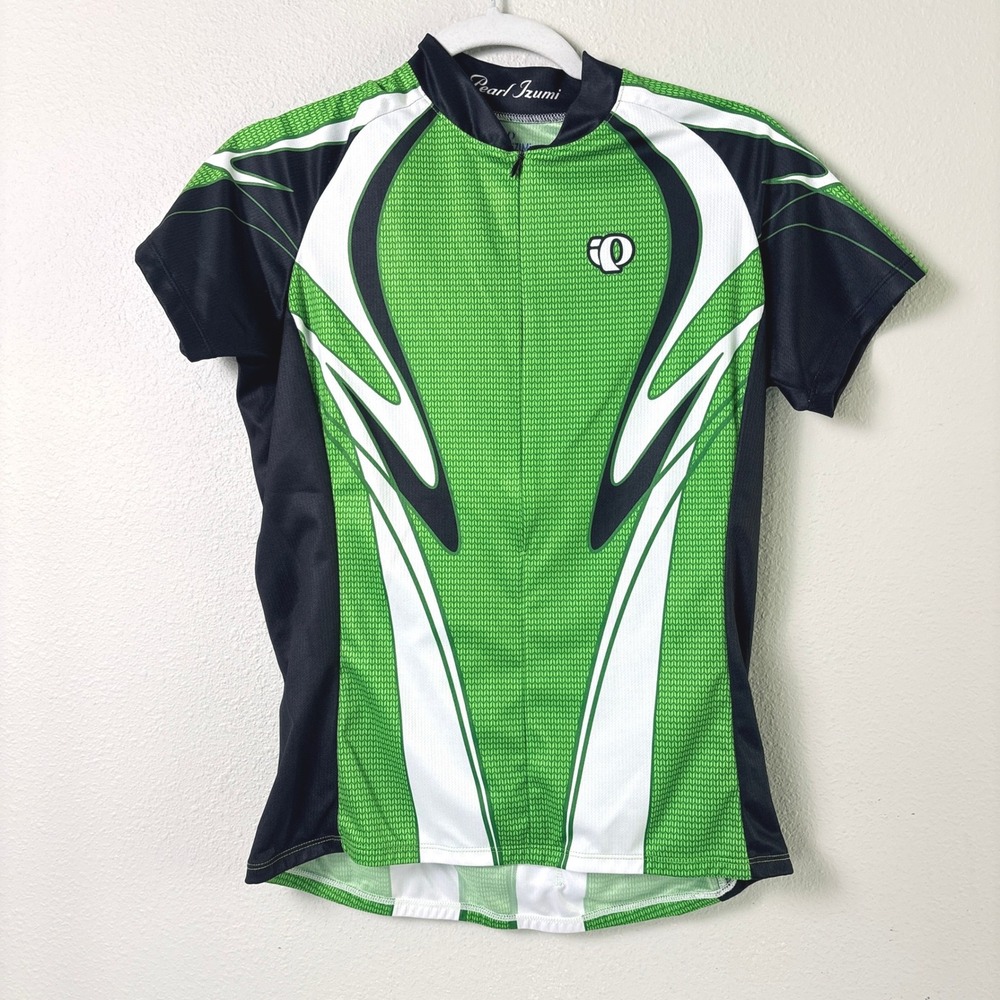 Pearl Izumi Cycling Bike Jersey Womens M Green Black Short Sleeve Full Zip 0841